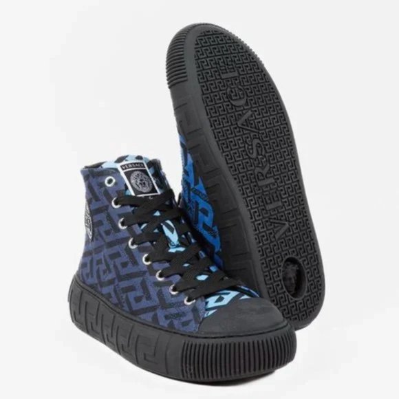 Versace Blue La Greca Canvas High-Top Sneakers - Picture 4 of 12